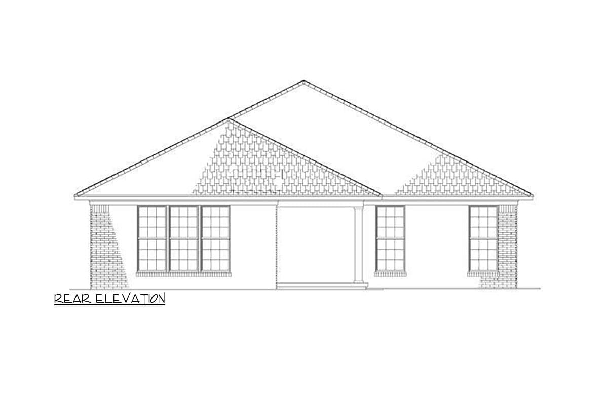 Rear elevation drawing of a single-story house with a prominent gabled roof, brick accents, and a covered porch.