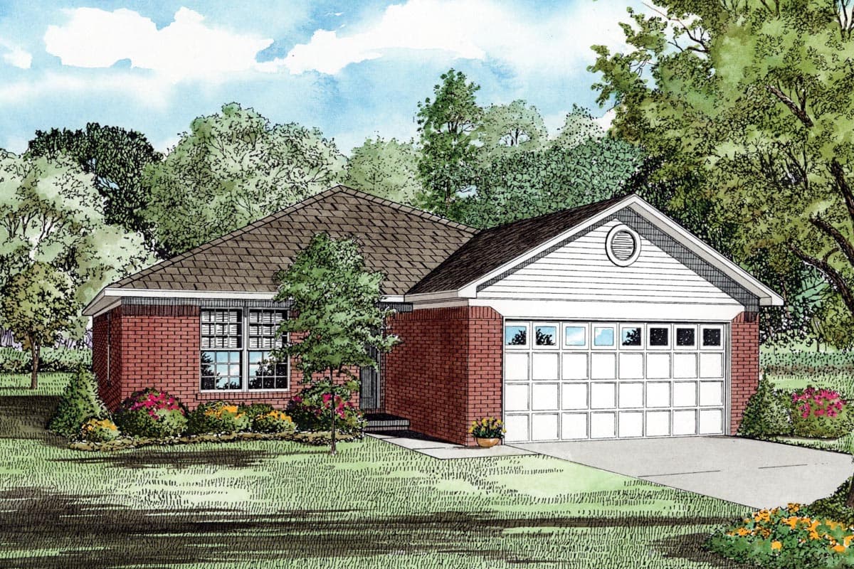 House plan exterior: one-story brick home with asphalt shingle roof, multi-pane windows, gable dormer, and attached two-car garage.