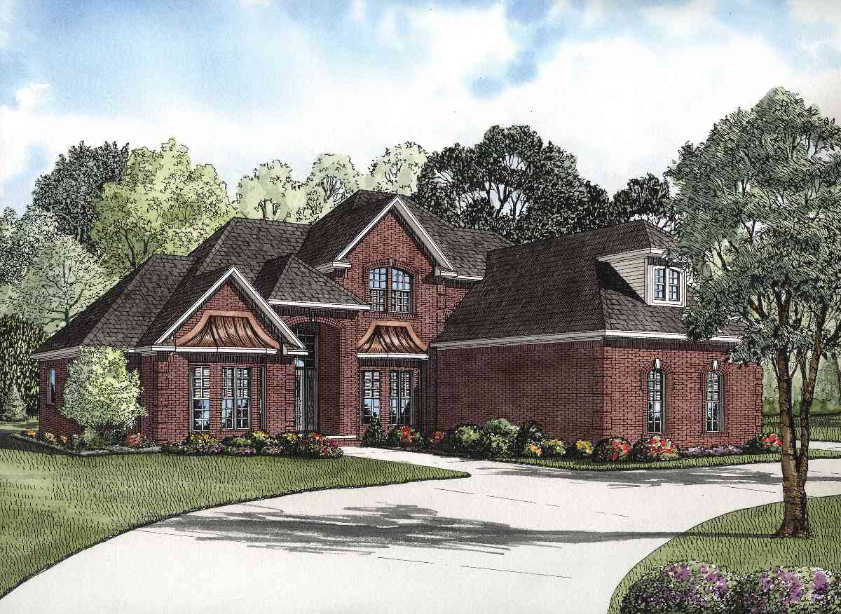 House plan exterior rendering of a two-story brick house with multiple gables, arched windows, and a dormer.