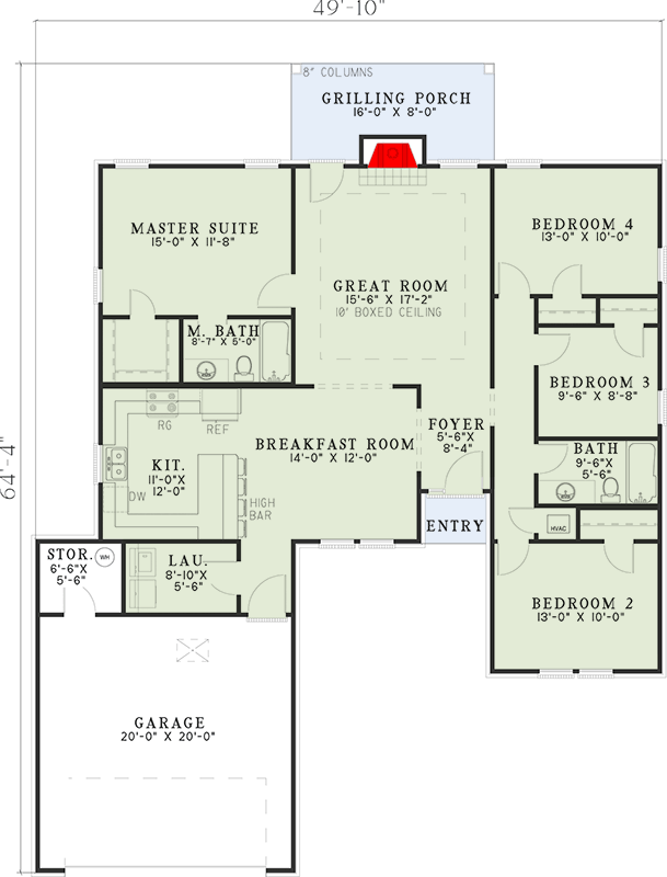 Plan 59784ND: Southern Ranch House Plan with 4 Beds, Split Layout, and Grilling Porch - Floor Plan - Main Level - Ranch, Southern