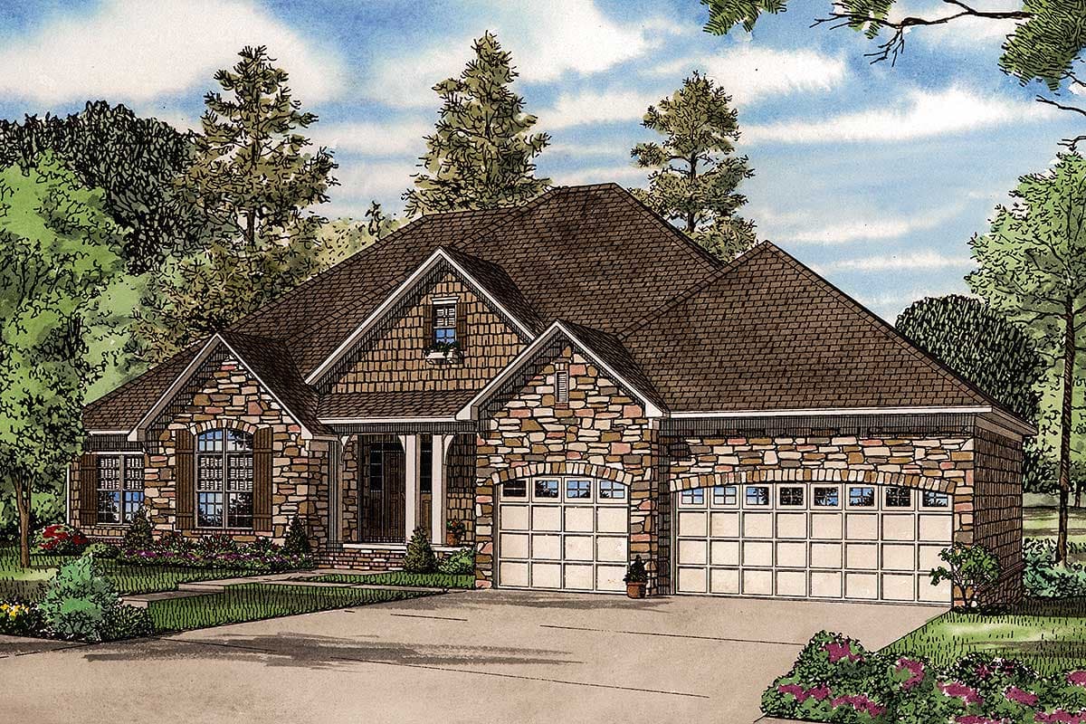 House plan exterior: Ranch style with stone and shake siding, arched garage doors, and covered front porch.