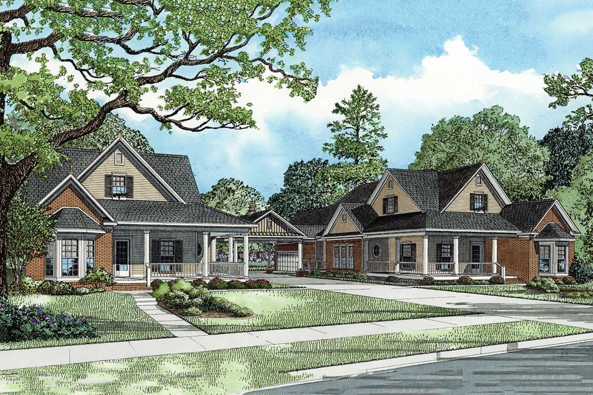 House plan exterior shows two-story Craftsman-style homes with gables, dormers, and wrap-around porches.