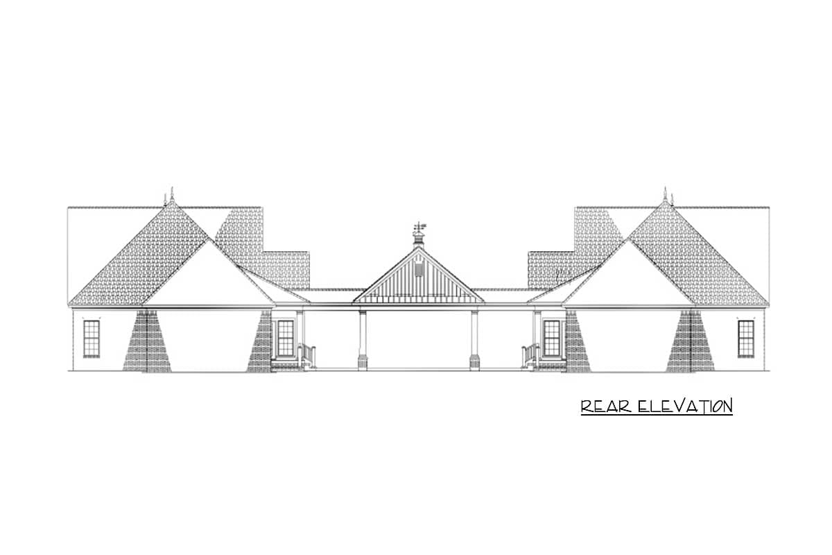Rear elevation drawing of a single-story house plan with a central covered porch and gabled rooflines.