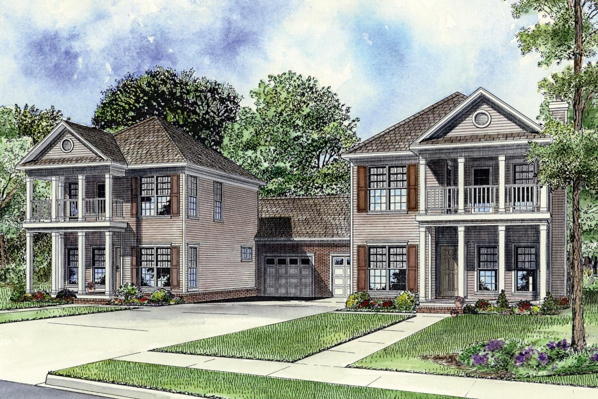 House plan exterior: two-story house with double porches, gables, dormers, and attached garage.