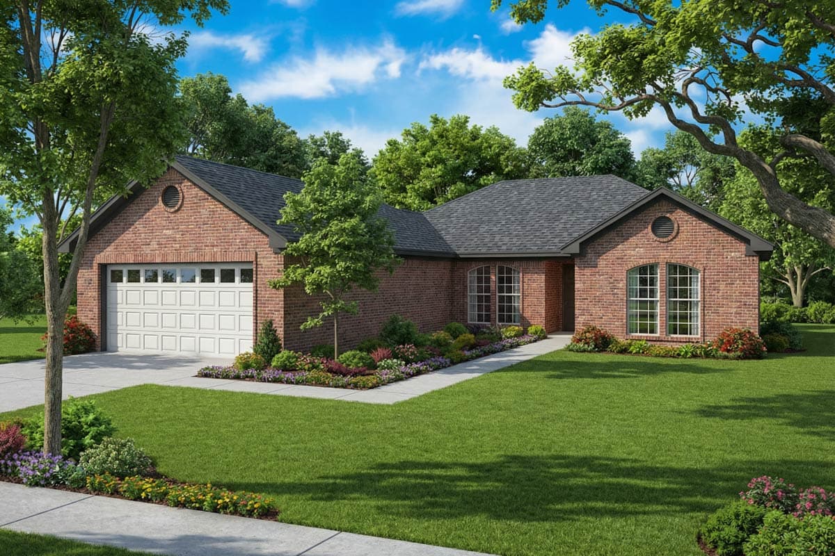 A brick house with a dark roof and a two-car garage sits on a manicured lawn surrounded by trees and colorful flower beds.