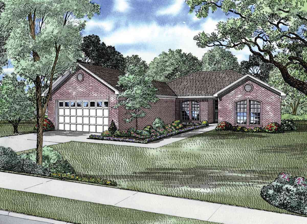House plan exterior: One-story brick home with attached garage, gabled roof, arched windows, and central gable over garage.