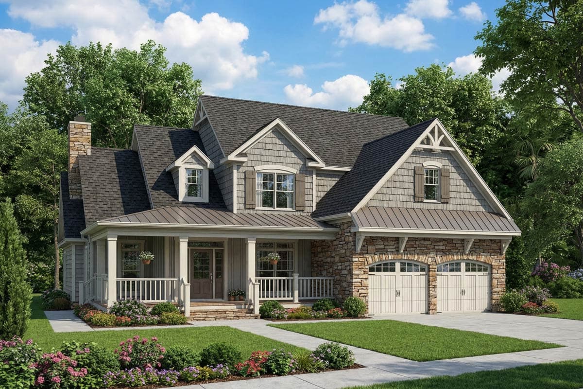 House plan exterior: Two-story home with a covered front porch, stone accents, dormers, and a side-entry garage with arched doors.
