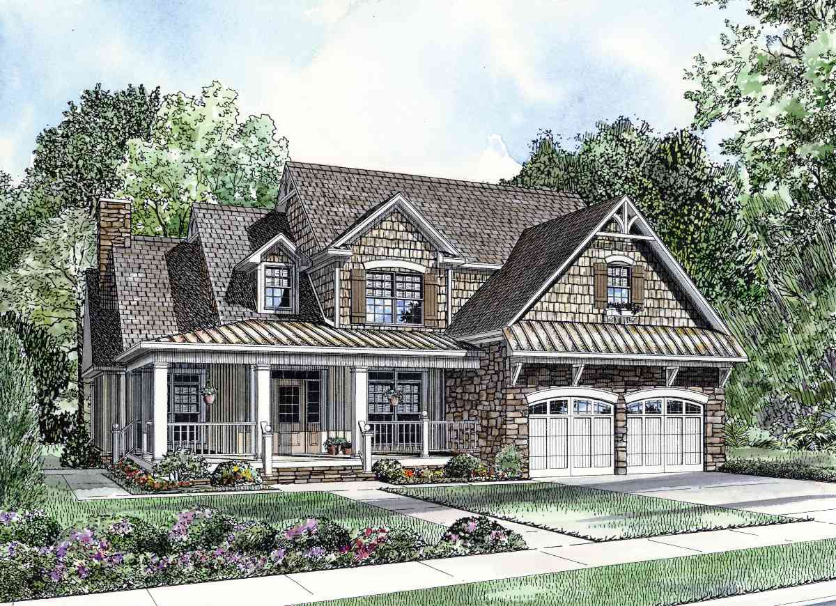 House plan exterior with a wrap-around porch, stone accents, dormers, and a side-entry two-car garage.