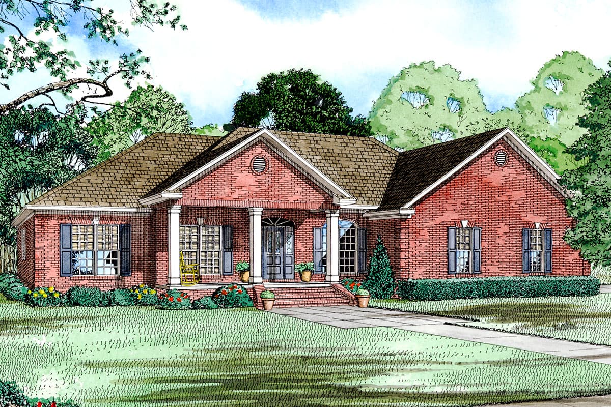 House plan exterior of a one-story brick home with a covered front porch, symmetrical windows, and gabled dormers.