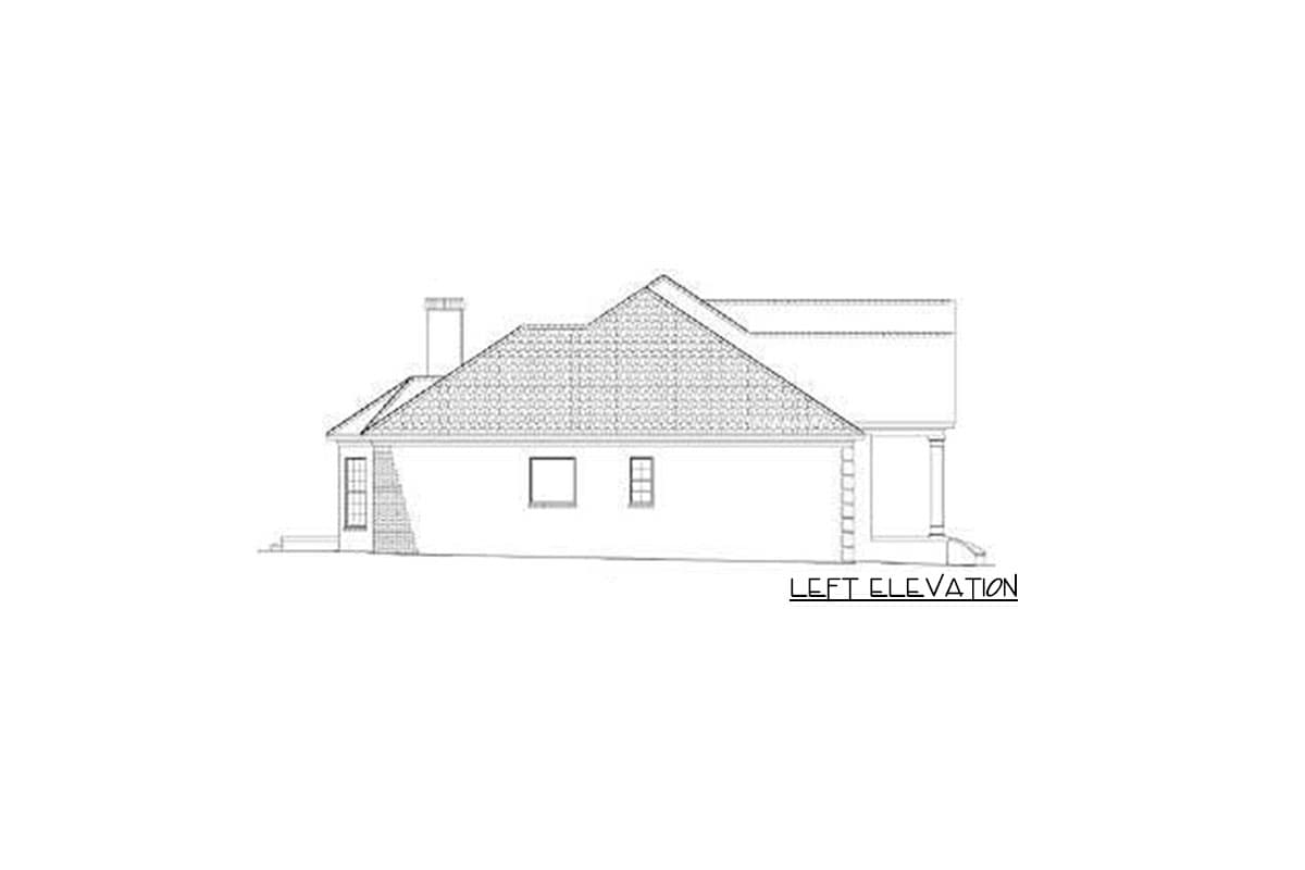 Left elevation house plan showing a single-story home with a prominent hip roof, chimney, and covered porch.