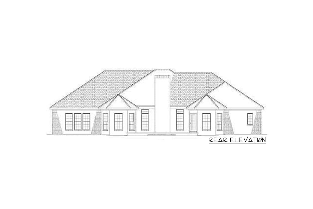 Rear elevation drawing of a one-story house with a complex roofline, gables, and multiple windows.