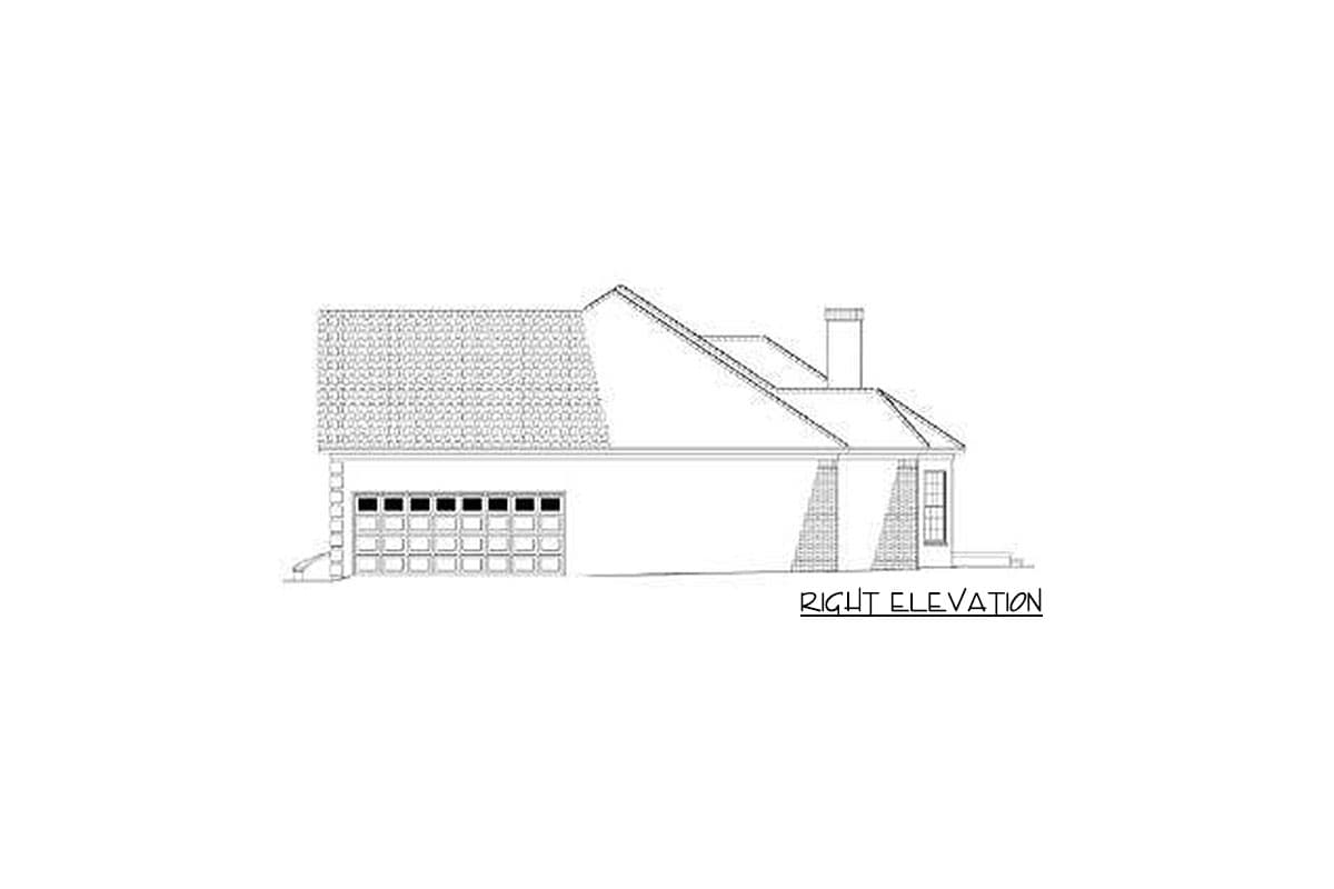 Right elevation of a house plan showing a brick garage door, gabled roof, and chimney.