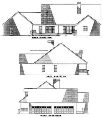 Architectural drawing of a house plan showing rear, left, and right elevations with a three-car garage and rear porch.