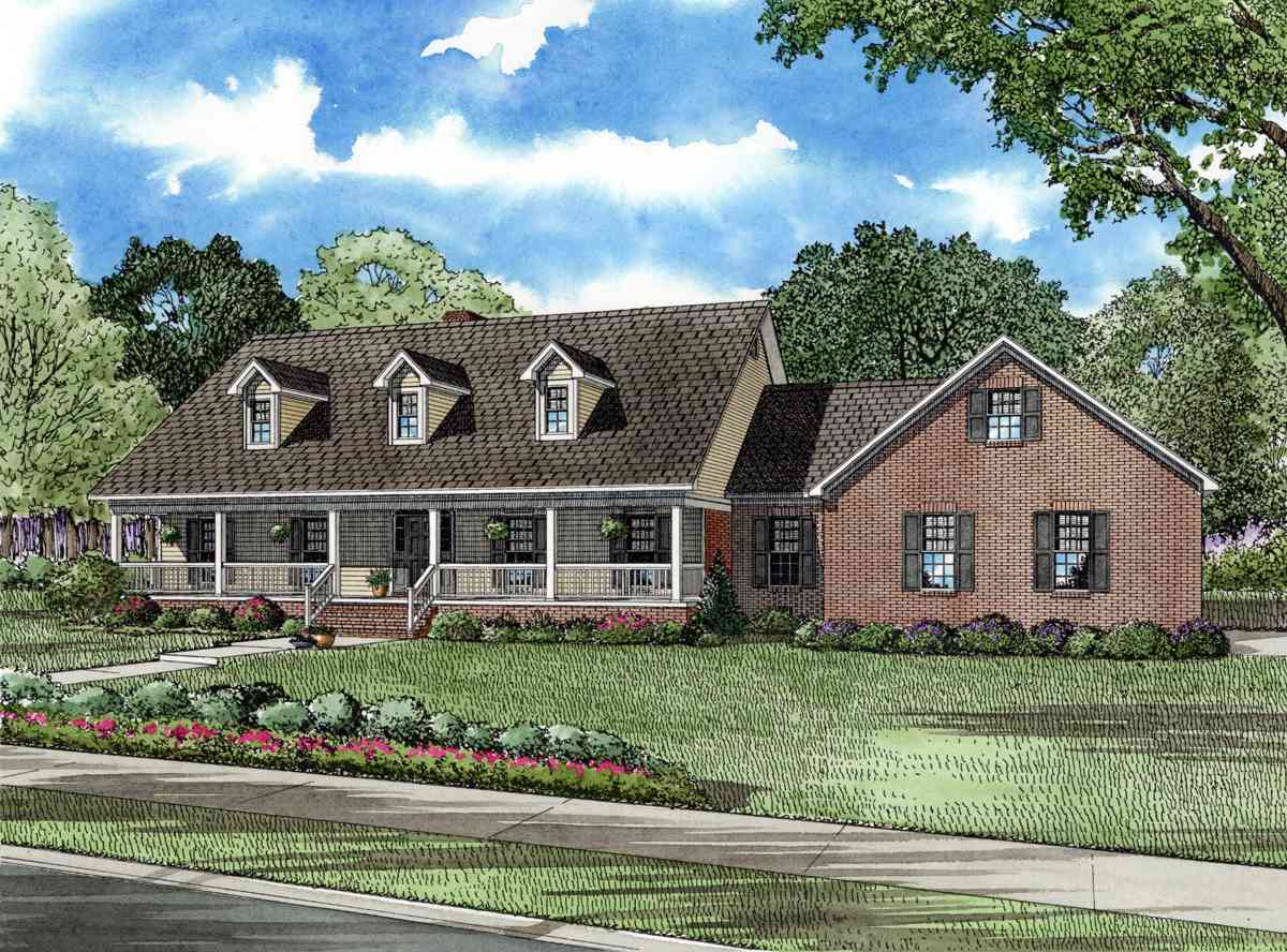 House plan exterior: Southern traditional style, one-and-a-half stories, full-width porch, three dormers, brick accent.