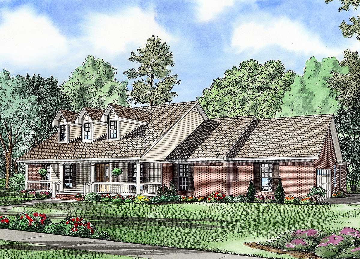 House plan exterior. Ranch-style home with three dormers, a front porch, and brick and siding exterior. Features include a side-entry garage.