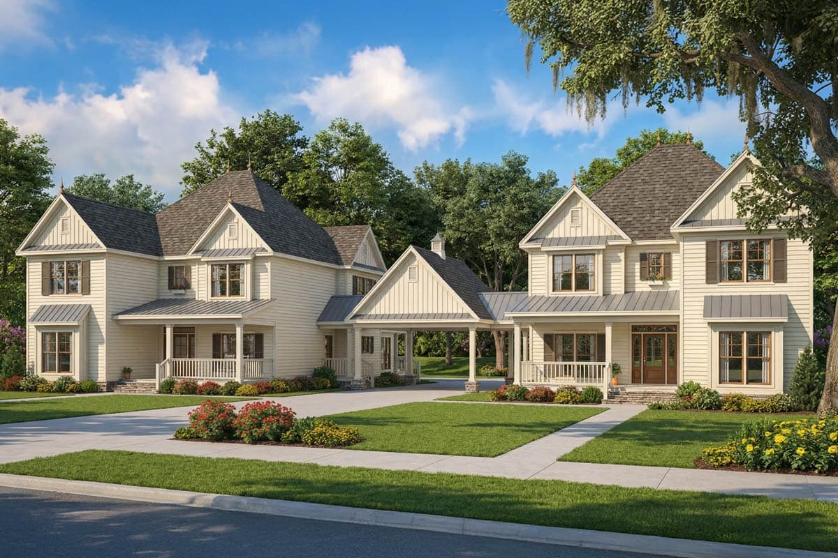 Two-story beige houses with matching porches and gray roofs connected by a covered driveway sit on a well-manicured lawn under a sunny sky.