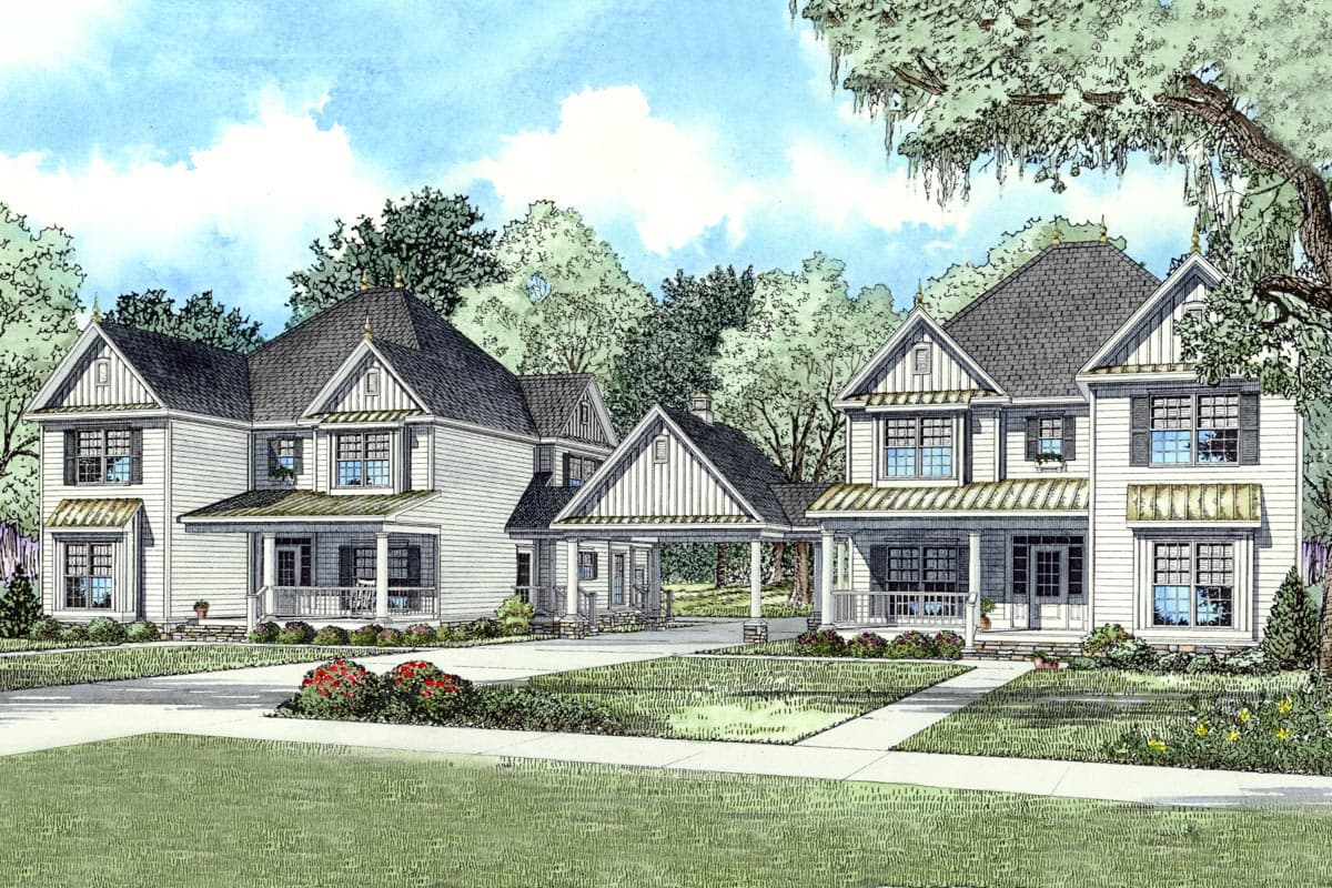 House plan exterior: two-story Modern Farmhouse with gables, porches, and a porte-cochère.