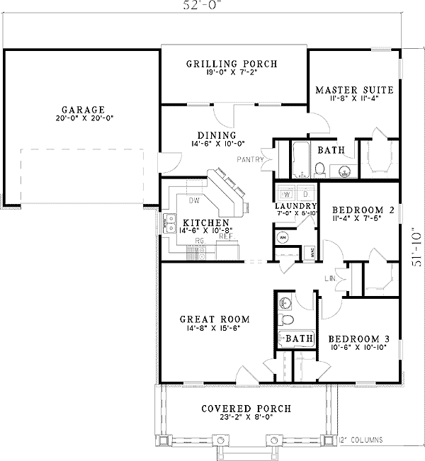 Plan 59795ND: Porches Front and Rear - Floor Plan - Main Level - Ranch, Southern