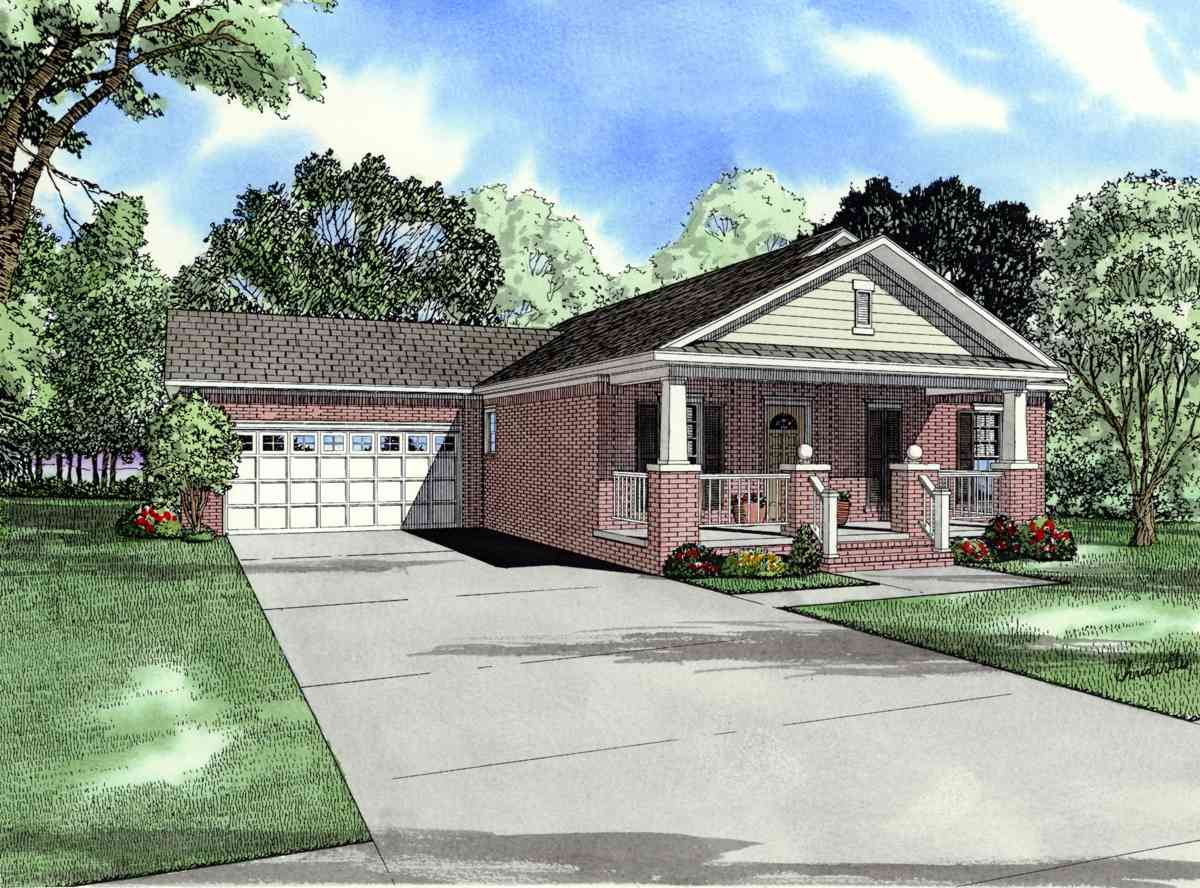 House plan exterior: brick ranch with attached garage, covered front porch with columns, and gabled dormer.