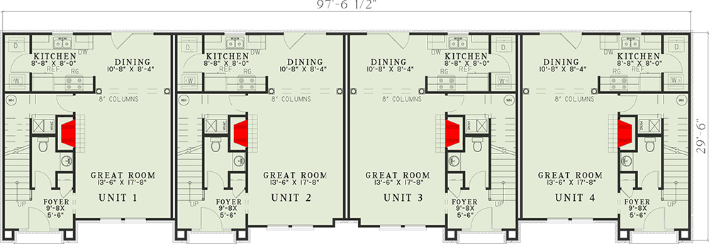 Plan 59796ND: 2 Story Quadplex with Matching 1286 Square Foot 2 Bed Units - Floor Plan - Main Level - Traditional