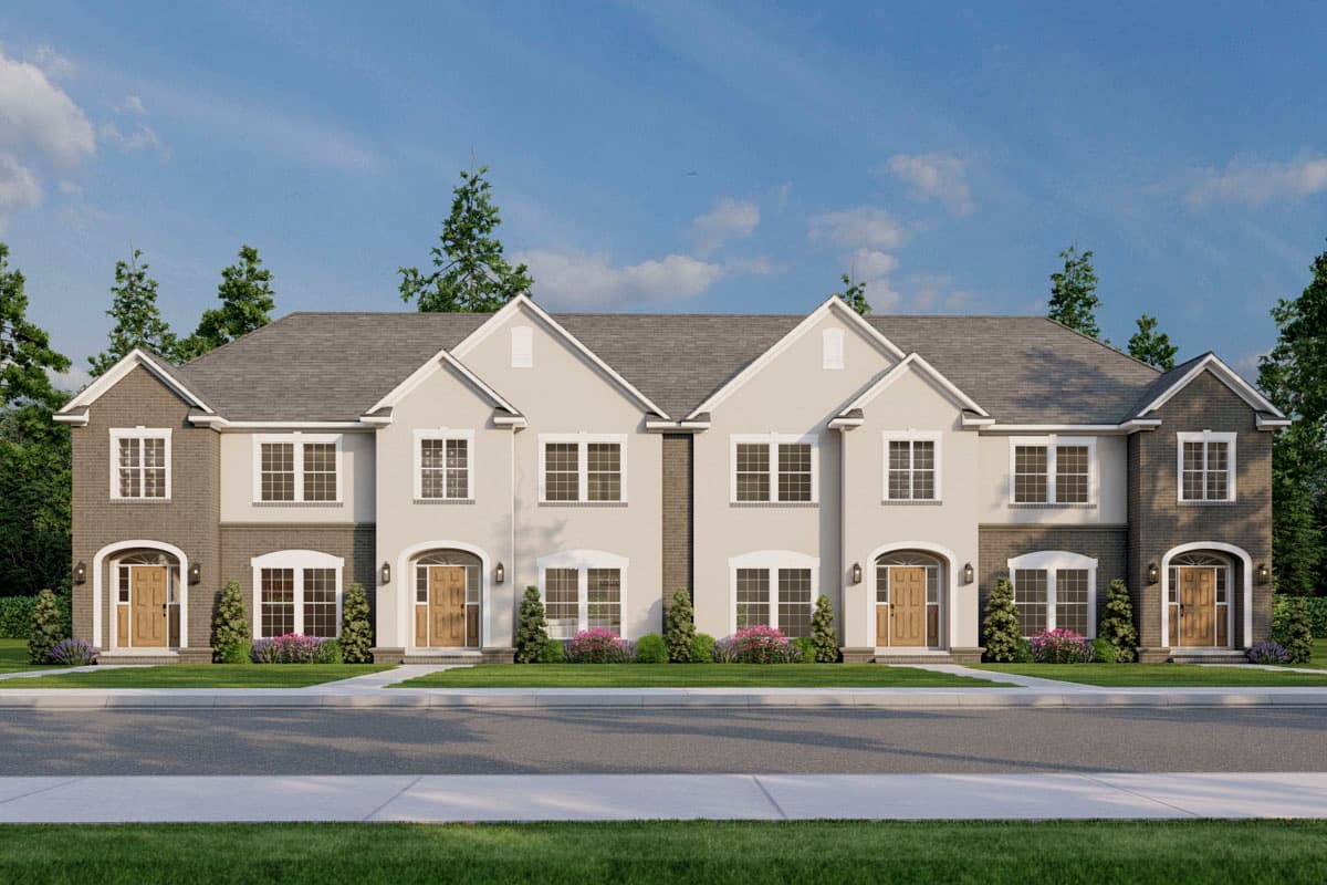 House plan exterior of two-story duplex with gable roofs, arched doorways, and varied brick and stucco facades.