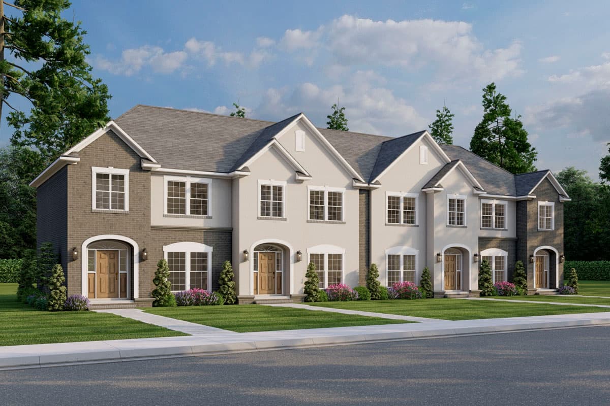 House plan exterior of attached two-story townhomes with arched entryways, brick and stucco facades, and varied gables.