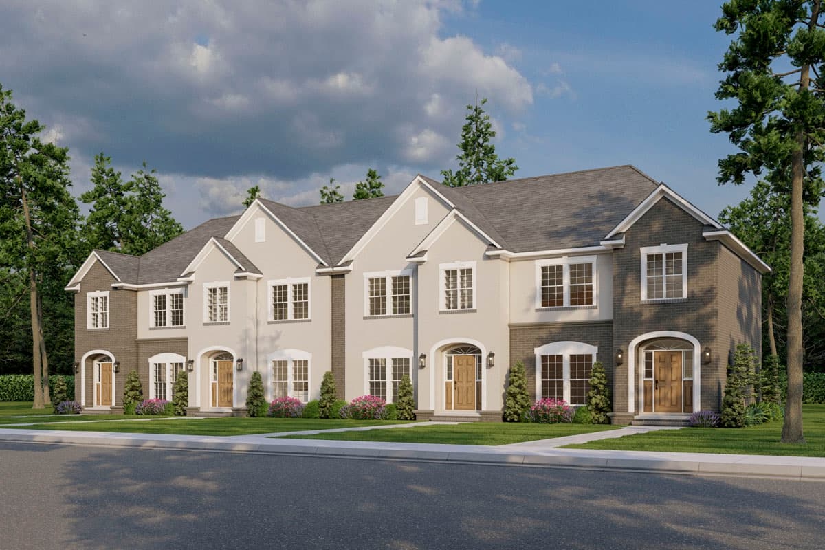 House plan exterior rendering of a three-unit townhouse with gabled roofs, arched entryways, and multi-pane windows.