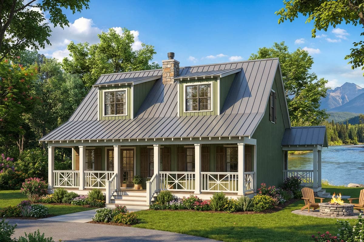 House plan exterior: Two-story Modern Farmhouse with a wraparound porch, metal roof, dormers, and stone chimney.