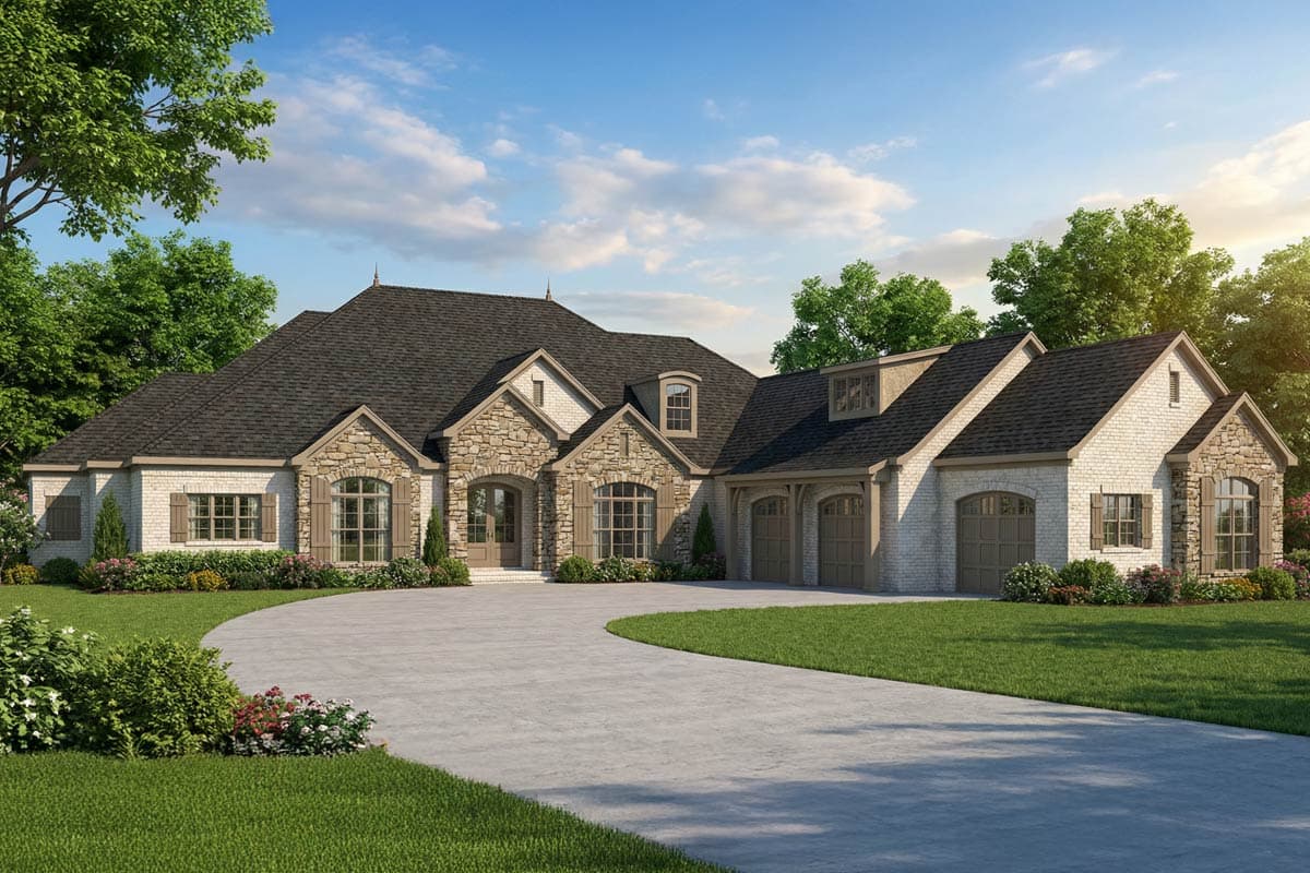 A large, luxury home with stone and brick exterior. A long, winding driveway leads to the front entrance, surrounded by green grass and trees.