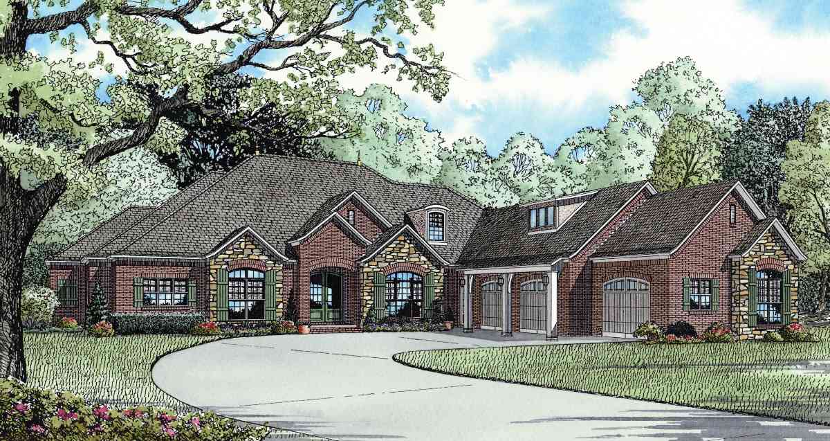 House plan exterior: Brick one-story home with stone accents, multiple gables, dormer, and a side-entry two-car garage.