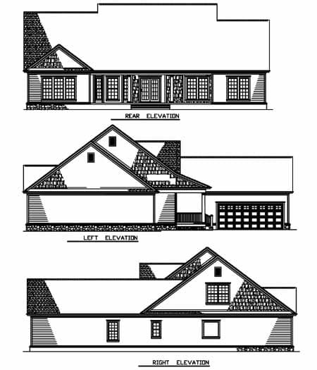 Rear, left, and right elevation drawings of a one-story house plan with a front-facing garage and prominent gable.