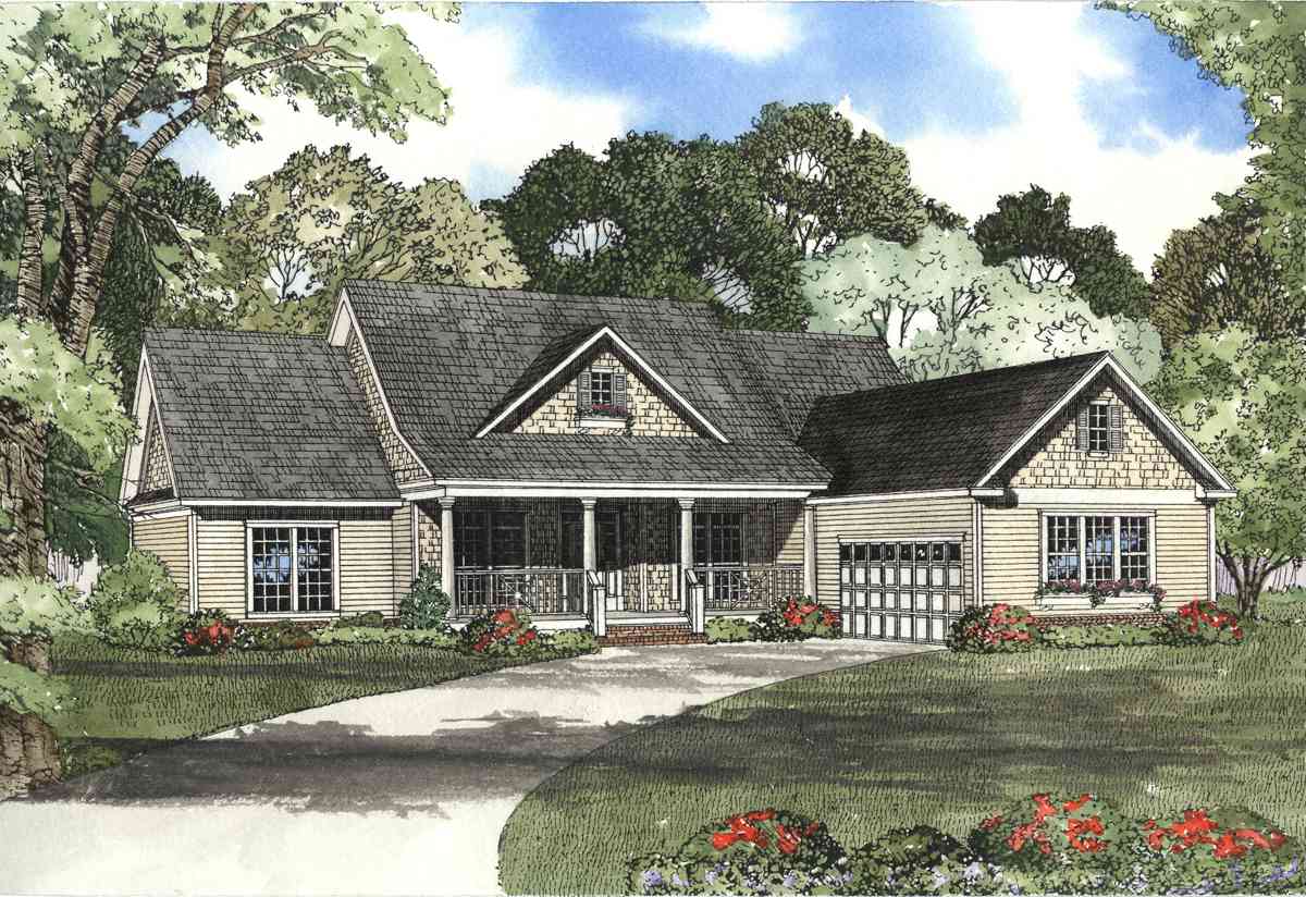 House plan exterior: Single-story home with a covered front porch, gables, dormer window, and attached garage.