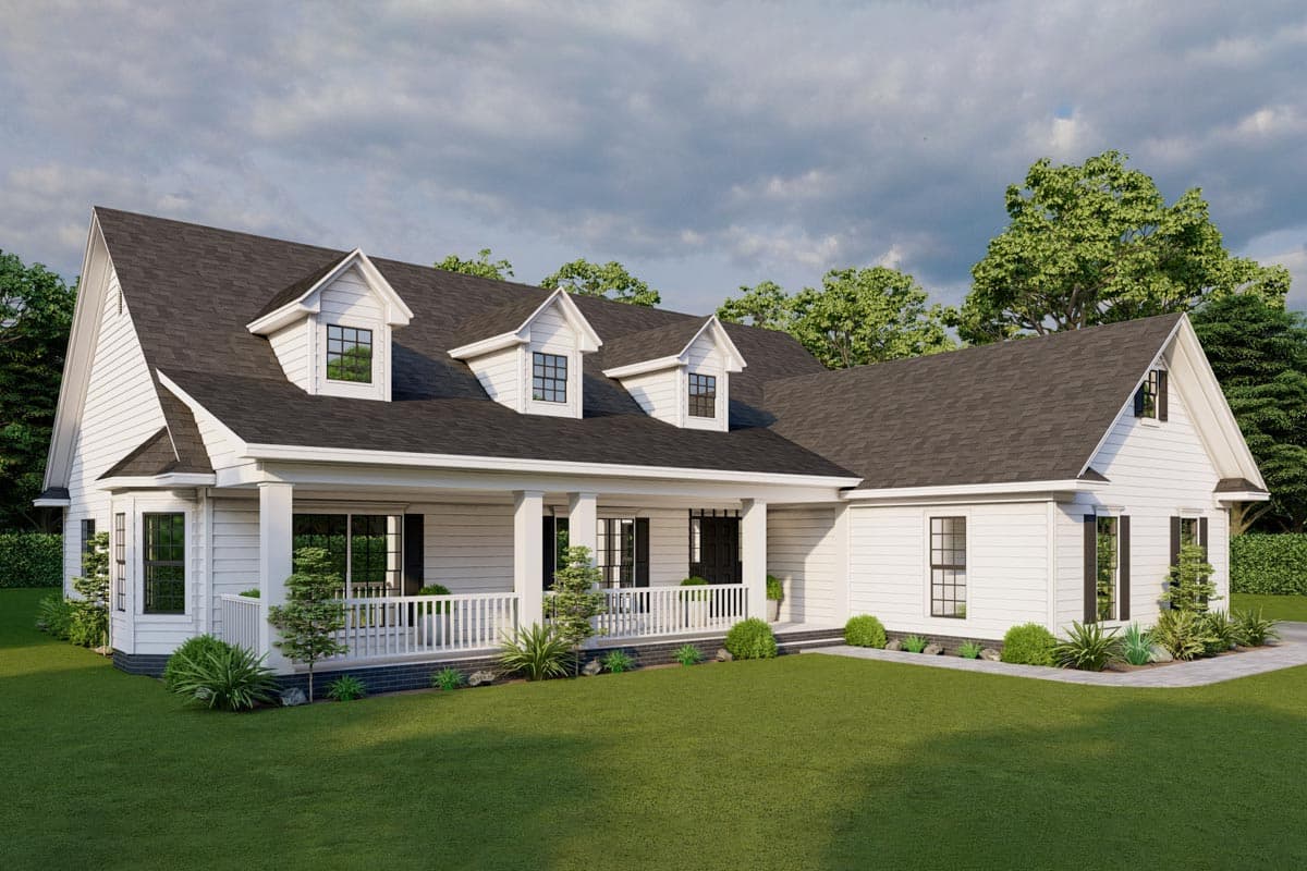House plan exterior of a white two-story home with a wraparound porch, dormer windows, and a prominent gable.