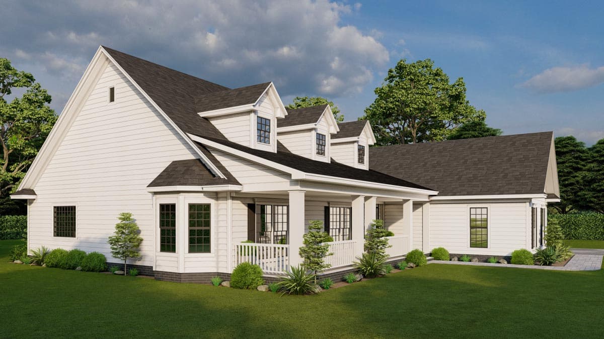 House plan exterior with white siding, a prominent gabled roof, a wrap-around porch with columns, and three dormer windows.