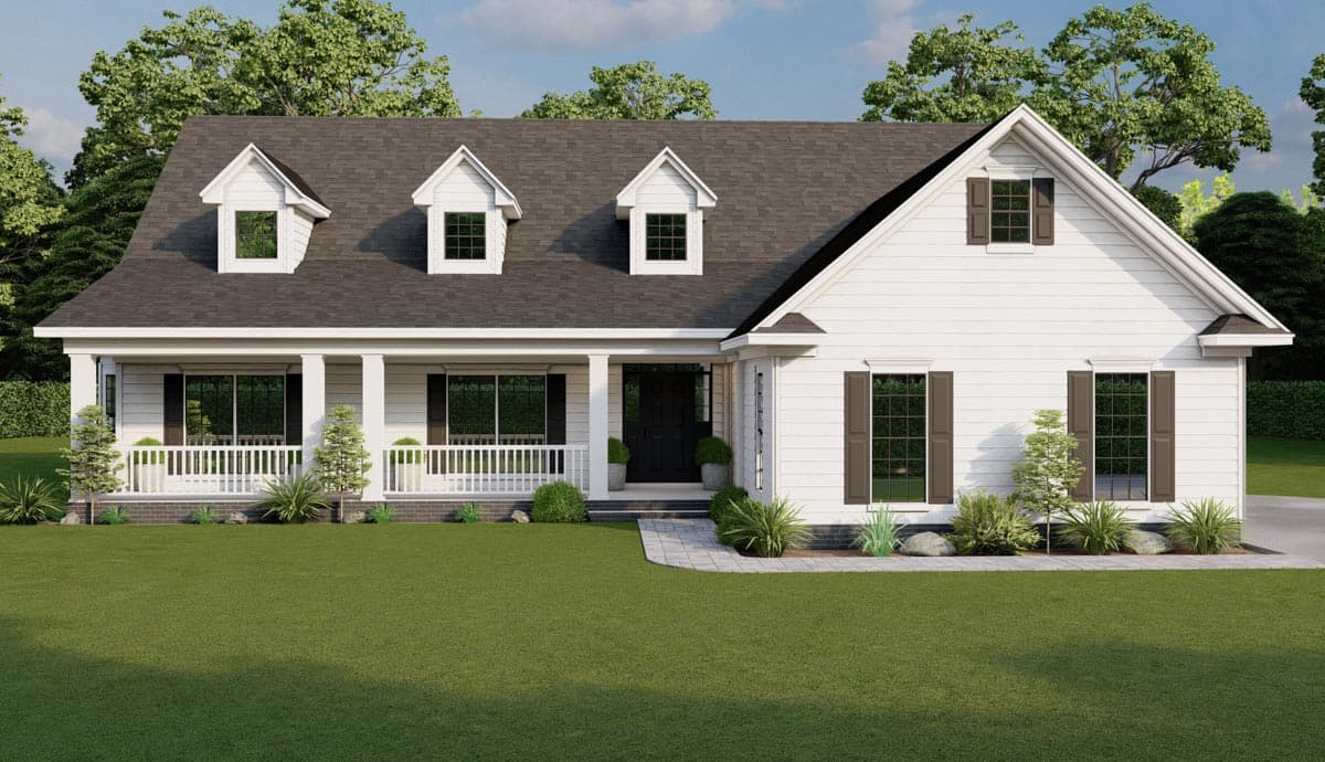 House plan exterior. Two-story Modern Farmhouse with a front porch, multiple dormers, and gabled rooflines.