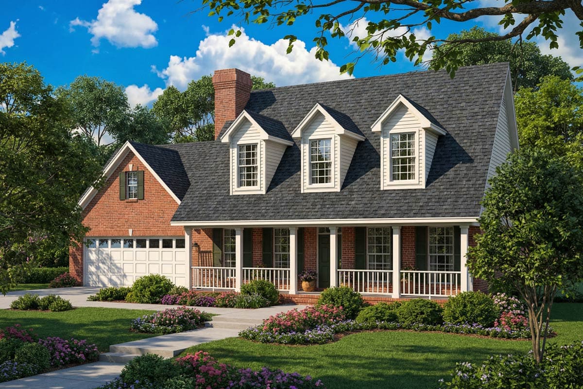A two-story house with a brick exterior, a porch, and a dark roof. Landscaping with flower beds and a green lawn surrounds the house under a blue sky.