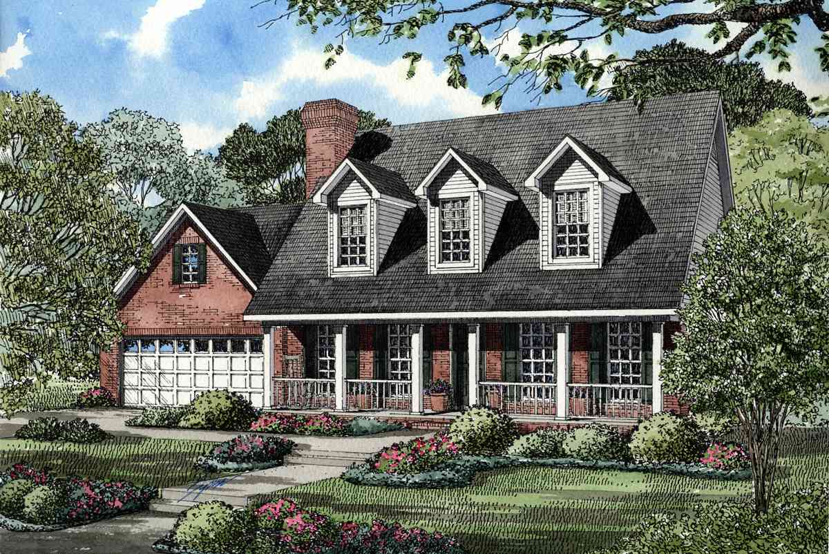 House plan exterior: Two-story brick home with side-entry garage, full-width porch with columns, and three prominent dormers.