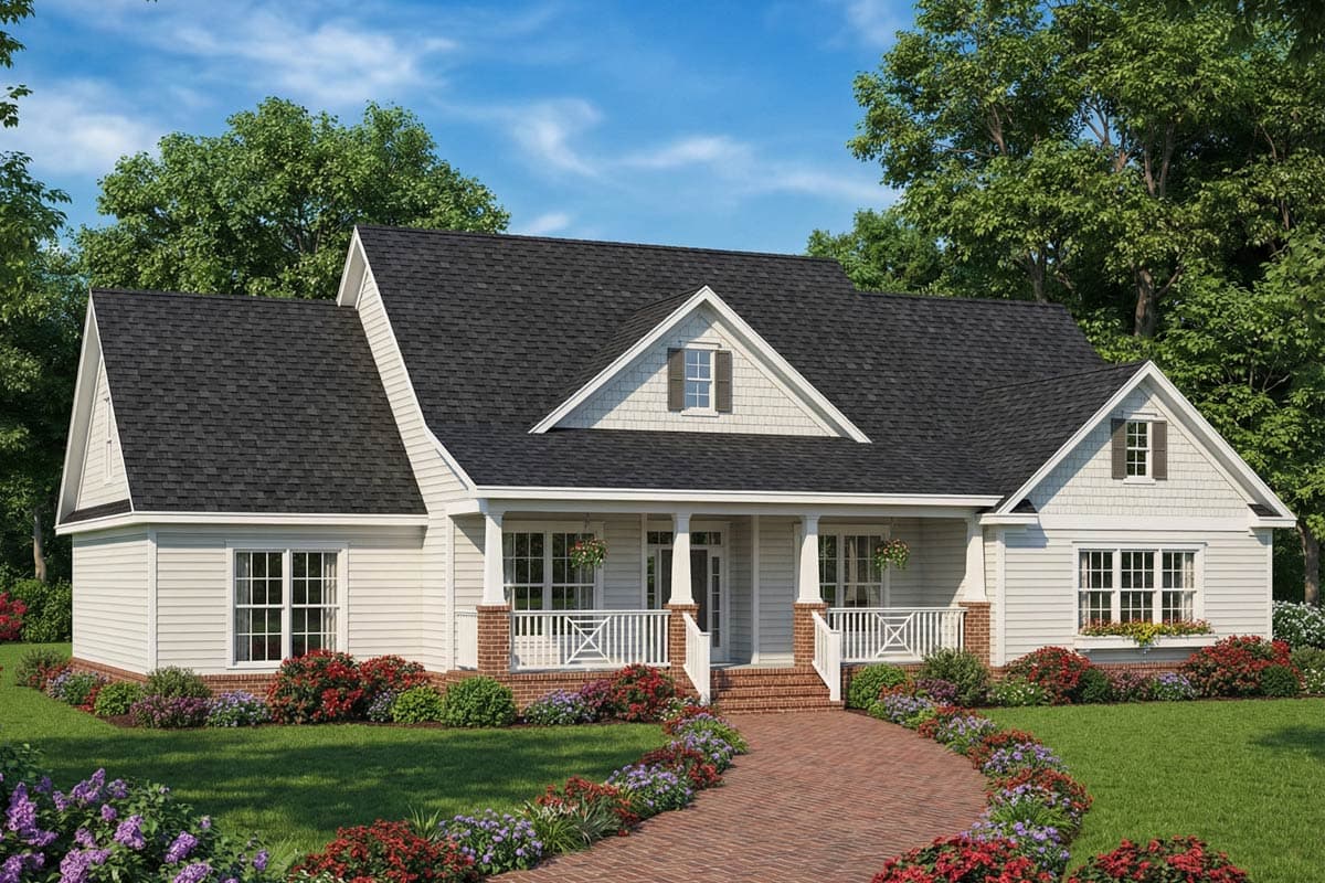 A white, two-story house with a black roof, a brick pathway, and a porch, surrounded by green grass, trees, and colorful flowers.