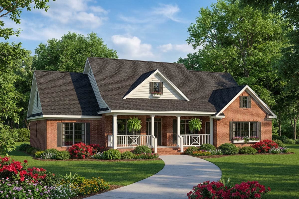 House plan exterior of a one-story brick home with a gabled roof, prominent dormer, and covered front porch with white railing.