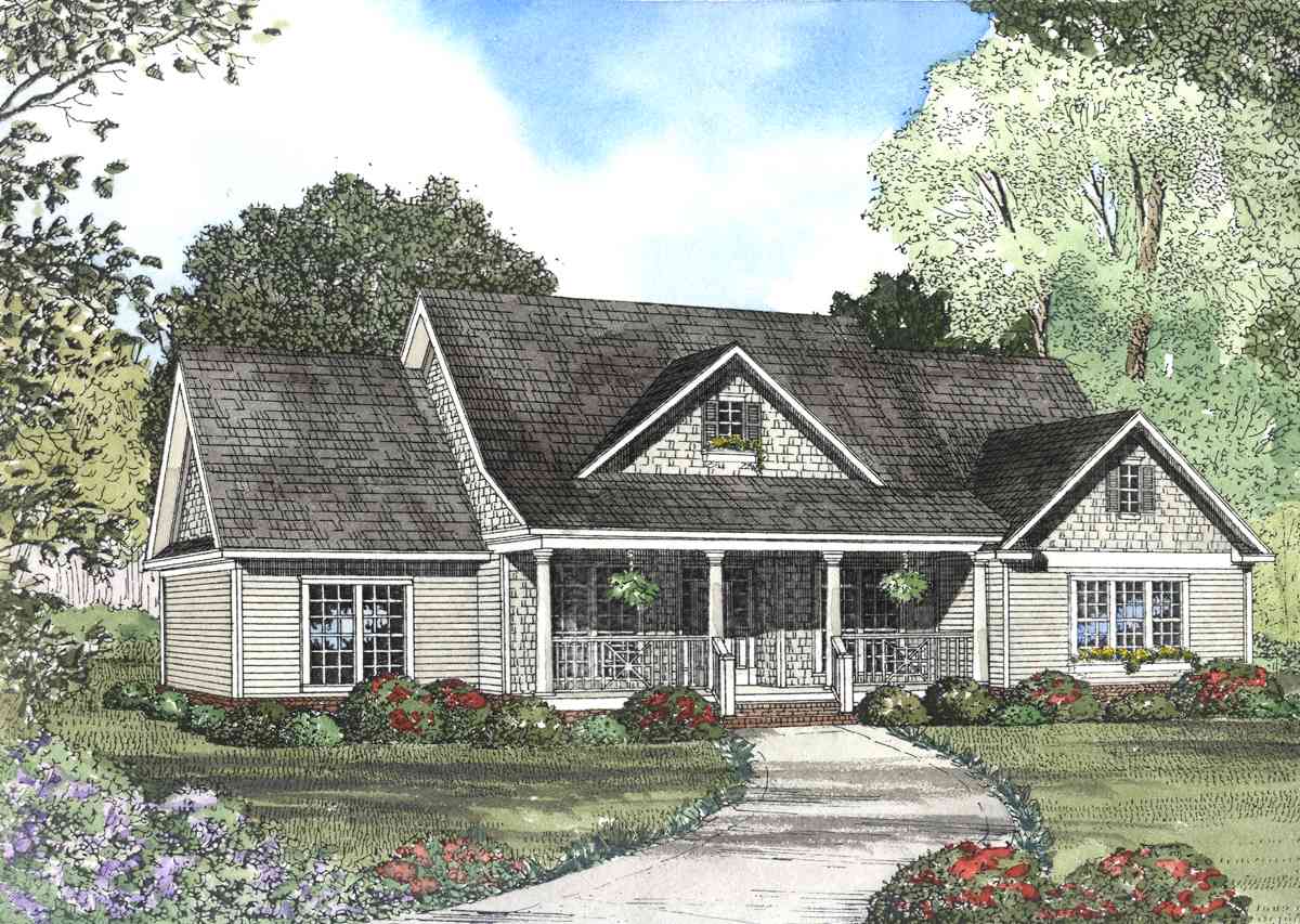 House plan exterior, one-story home with a wide covered front porch, prominent gables, and dormer windows.