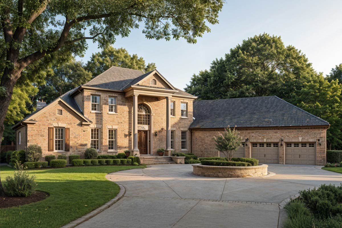 A large, two-story brick house with a stone driveway. The home has columns supporting a portico, and a detached garage is to the right.
