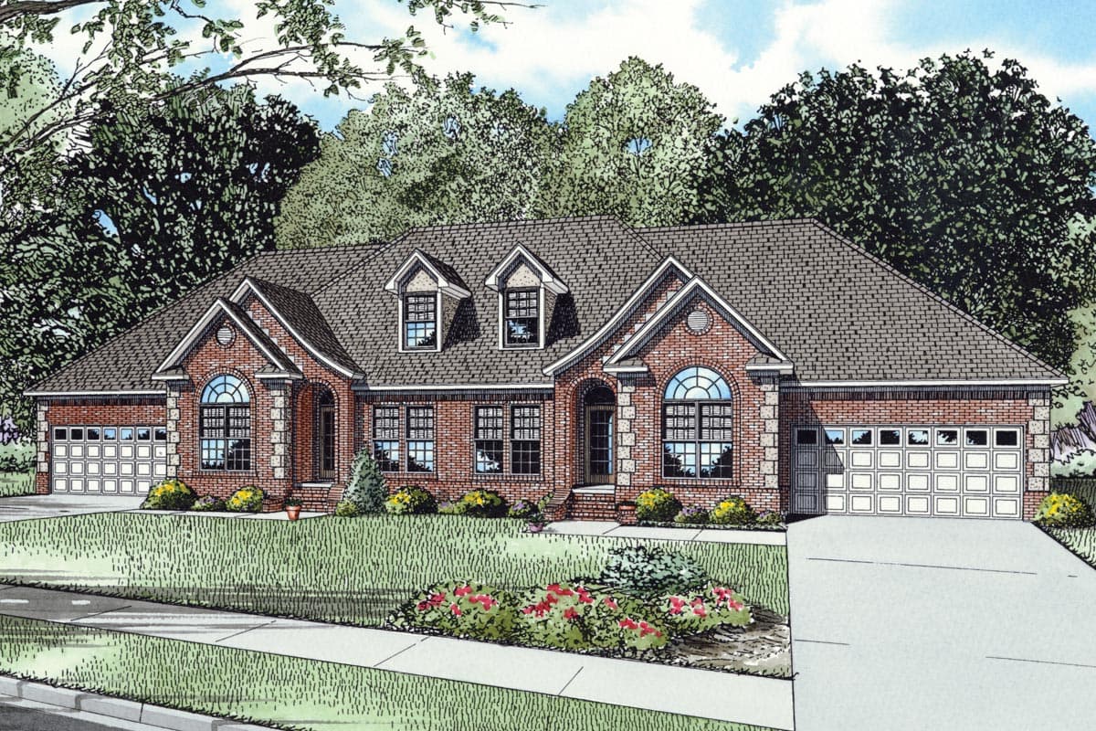 House plan exterior: Brick home with symmetrical gables, arched windows, dormers, and two garage doors.