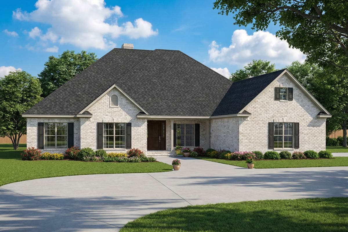 House plan exterior: One-story home with white brick, a prominent gable over the entrance, and dark shutters on windows.