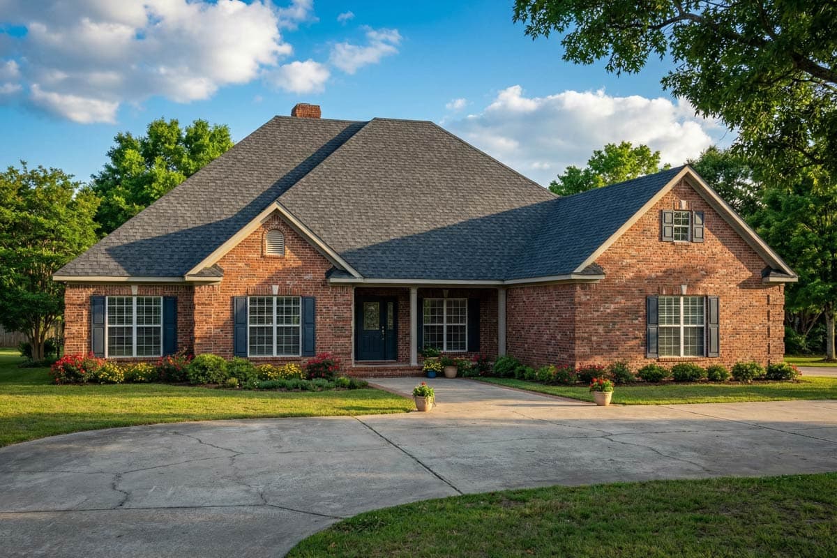 House plan exterior featuring a brick facade, hipped roof, and multiple gables. Includes a covered front porch and multi-pane windows with shutters.