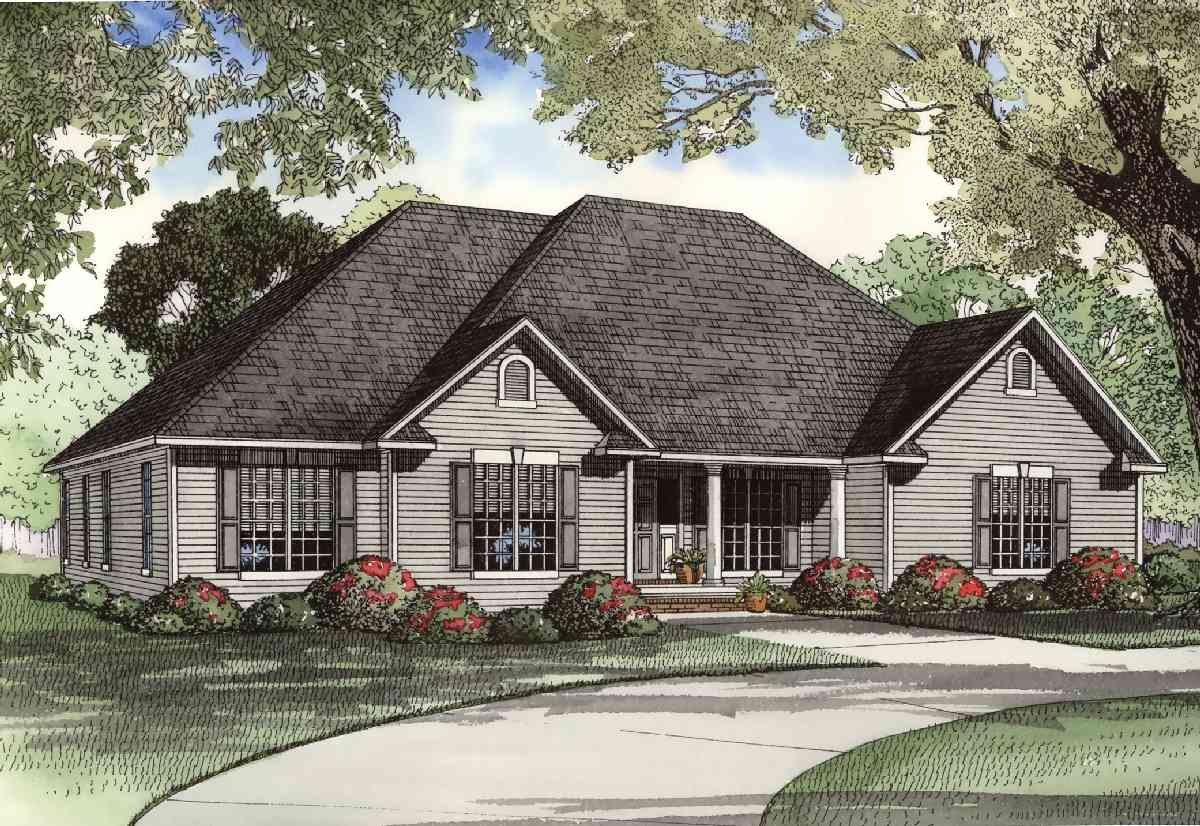 House plan exterior: One-story Ranch style with a prominent gabled dormer, wraparound porch, and multiple gabled rooflines.