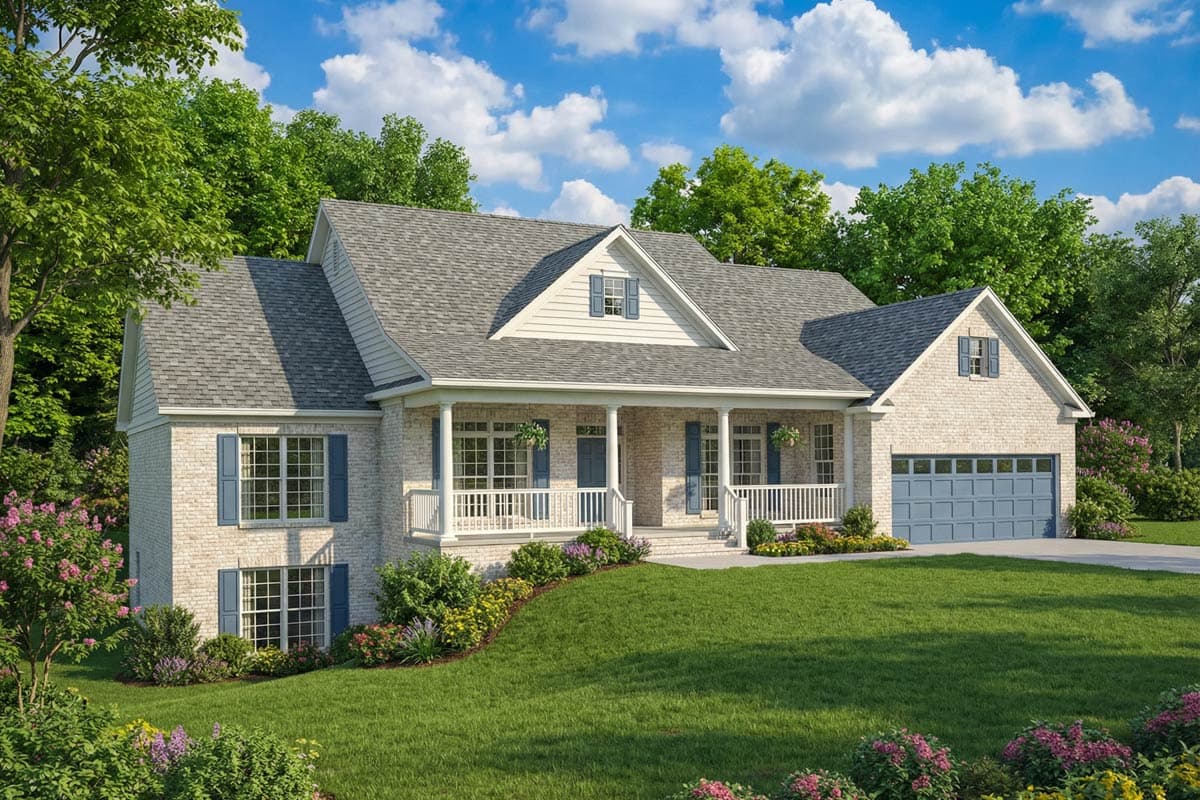 House plan exterior: Two-story brick home with a wrap-around porch, gabled dormers, and a side-facing two-car garage.