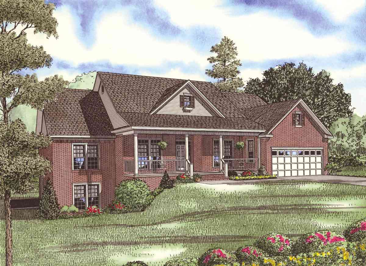 House plan exterior featuring a brick-clad, one-story home with a full-width front porch, gable dormer, and side-entry garage.