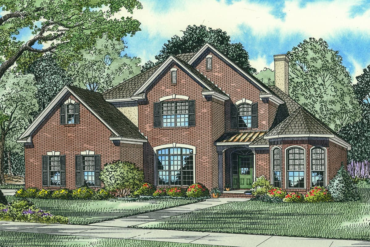 House plan exterior: Two-story brick home with a prominent gable, arched windows, covered entry, and a bay window.