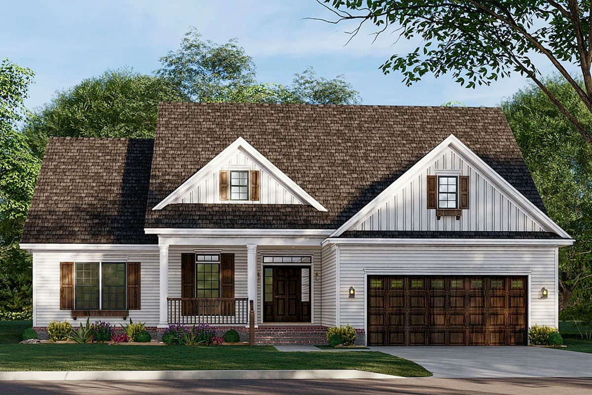 House plan exterior: One-story Modern Farmhouse with gables, dormers, front porch, and side-entry garage.