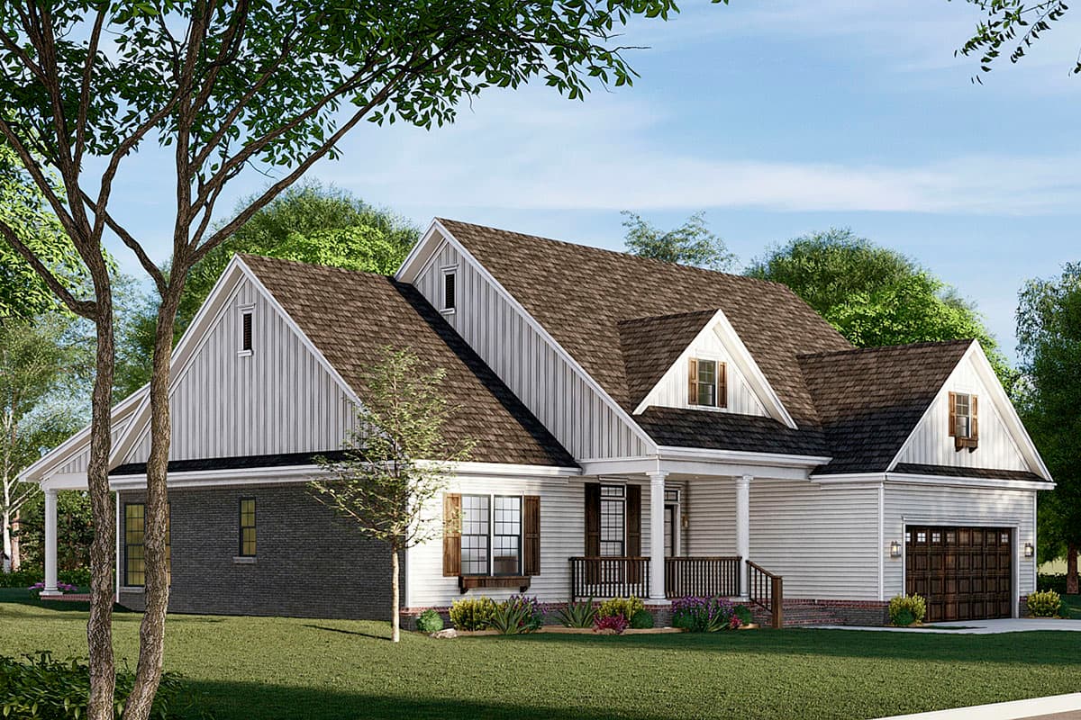 House plan exterior: Ranch-style home with gabled dormers, a covered front porch, and a side-entry garage.